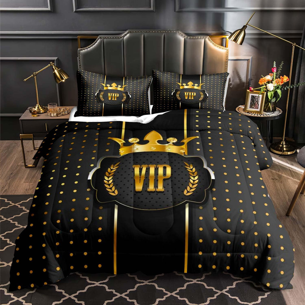 LUVIVIHOME 3PCS Black and Gold Comforter Set – Queen Size, VIP Luxury Crown Bedding Set, Ultra-Soft All-Season Lightweight Quilt with 2 Pillow Shams
