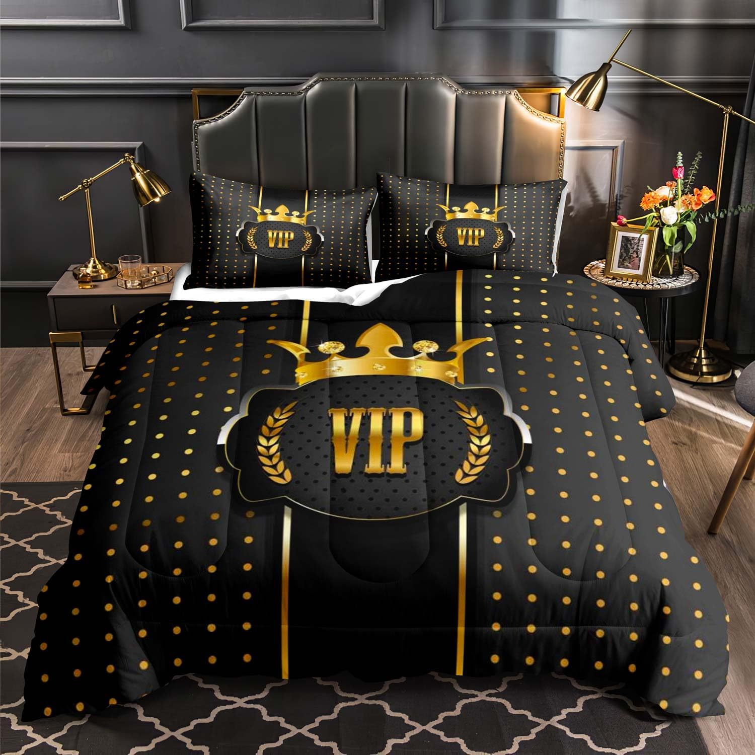 LUVIVIHOME 3PCS Black and Gold Comforter Set – Queen Size, VIP Luxury Crown Bedding Set, Ultra-Soft All-Season Lightweight Quilt with 2 Pillow Shams