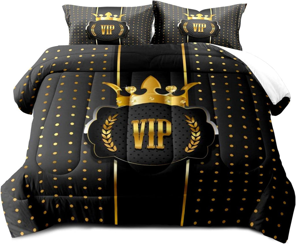 LUVIVIHOME 3PCS Black and Gold Comforter Set – Queen Size, VIP Luxury Crown Bedding Set, Ultra-Soft All-Season Lightweight Quilt with 2 Pillow Shams