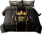 LUVIVIHOME 3PCS Black and Gold Comforter Set – Queen Size, VIP Luxury Crown Bedding Set, Ultra-Soft All-Season Lightweight Quilt with 2 Pillow Shams