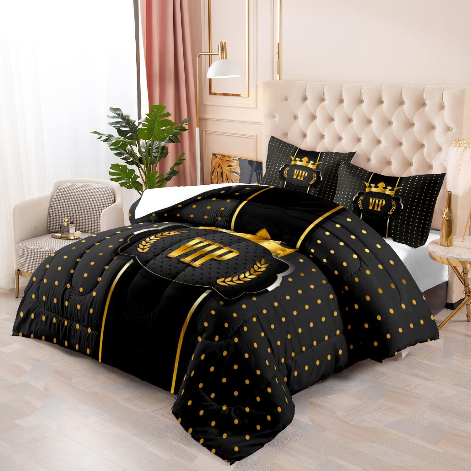 LUVIVIHOME 3PCS Black and Gold Comforter Set – Queen Size, VIP Luxury Crown Bedding Set, Ultra-Soft All-Season Lightweight Quilt with 2 Pillow Shams
