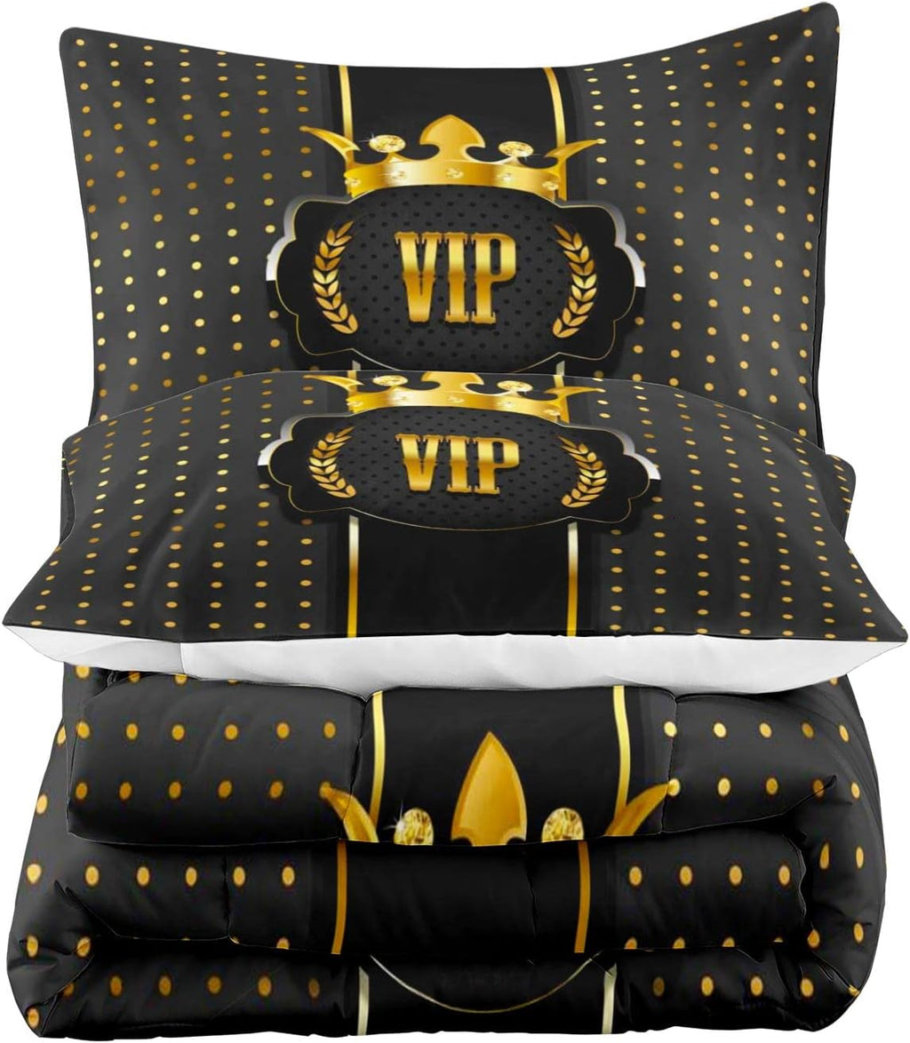 LUVIVIHOME 3PCS Black and Gold Comforter Set – Queen Size, VIP Luxury Crown Bedding Set, Ultra-Soft All-Season Lightweight Quilt with 2 Pillow Shams