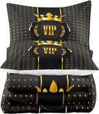 LUVIVIHOME 3PCS Black and Gold Comforter Set – Queen Size, VIP Luxury Crown Bedding Set, Ultra-Soft All-Season Lightweight Quilt with 2 Pillow Shams