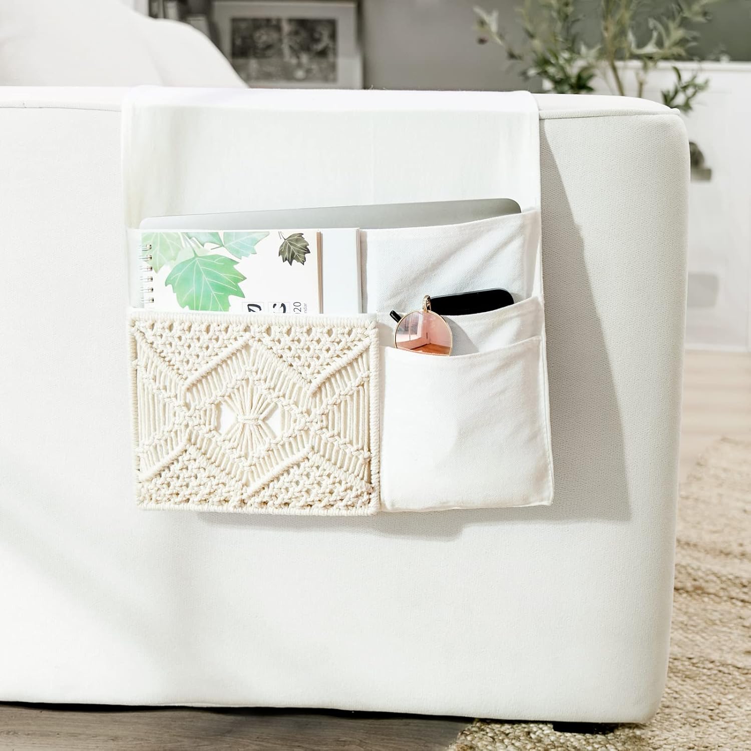 Mkono Couch Bedside Caddy – Boho Remote Control Holder Macrame Armrest Storage Sofa Organizer with 4 Pockets for Magazines, Books, Tablets, Sunglasses, Cell Phones & iPad, Home/Dorm Room Décor (Ivory)