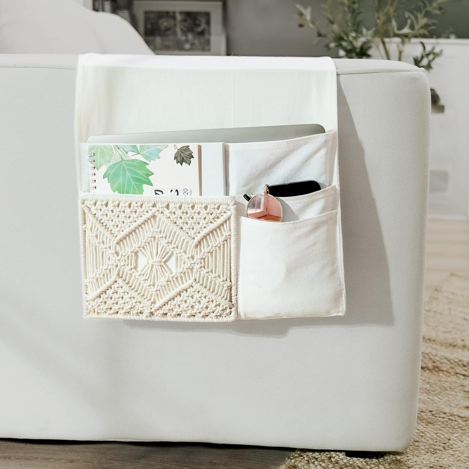 Mkono Couch Bedside Caddy – Boho Remote Control Holder Macrame Armrest Storage Sofa Organizer with 4 Pockets for Magazines, Books, Tablets, Sunglasses, Cell Phones & iPad, Home/Dorm Room Décor (Ivory)