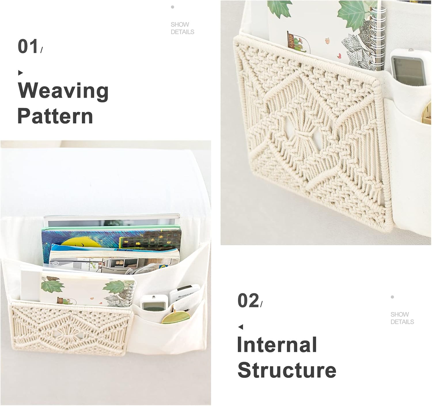 Mkono Couch Bedside Caddy – Boho Remote Control Holder Macrame Armrest Storage Sofa Organizer with 4 Pockets for Magazines, Books, Tablets, Sunglasses, Cell Phones & iPad, Home/Dorm Room Décor (Ivory)