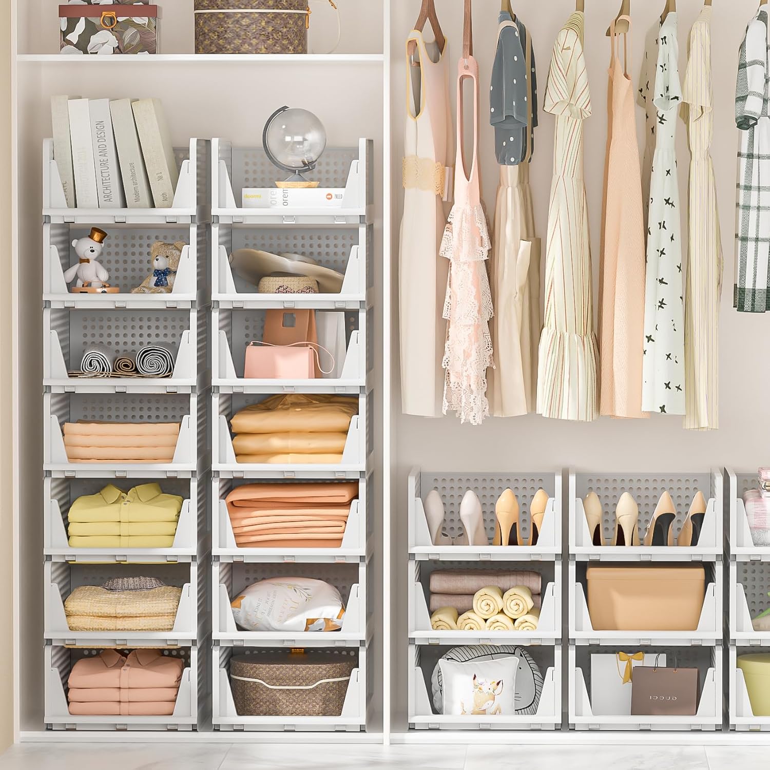 Neprock Stackable Plastic Storage Drawers for Closet Organizers and Storage – 4 Pack Open Storage Bins, Closet Shelf Clothes Organizer for Closet & Wardrobe (4L)