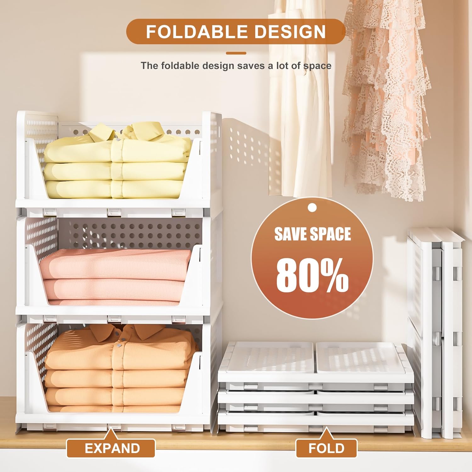 Neprock Stackable Plastic Storage Drawers for Closet Organizers and Storage – 4 Pack Open Storage Bins, Closet Shelf Clothes Organizer for Closet & Wardrobe (4L)