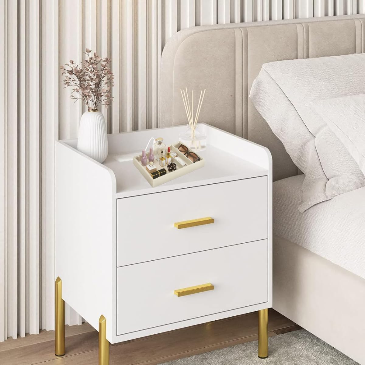 Bedside Organizer – Multi-Use Nightstand & Desktop Catchall Tray for Jewelry, Sunglasses, Phone, Watch, Perfume & Lipstick (Beige, 3-Grid)