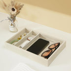 Bedside Organizer – Multi-Use Nightstand & Desktop Catchall Tray for Jewelry, Sunglasses, Phone, Watch, Perfume & Lipstick (Beige, 3-Grid)