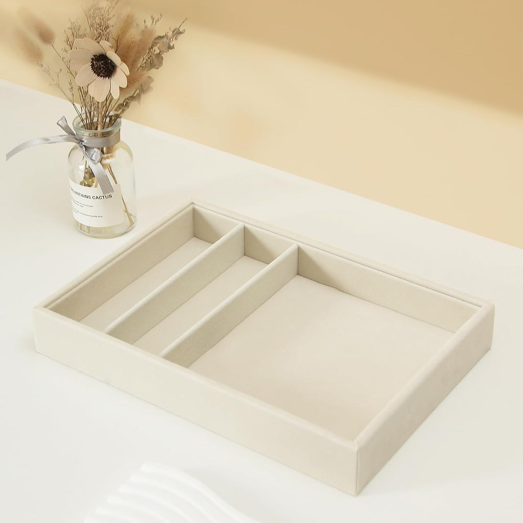 Bedside Organizer – Multi-Use Nightstand & Desktop Catchall Tray for Jewelry, Sunglasses, Phone, Watch, Perfume & Lipstick (Beige, 3-Grid)