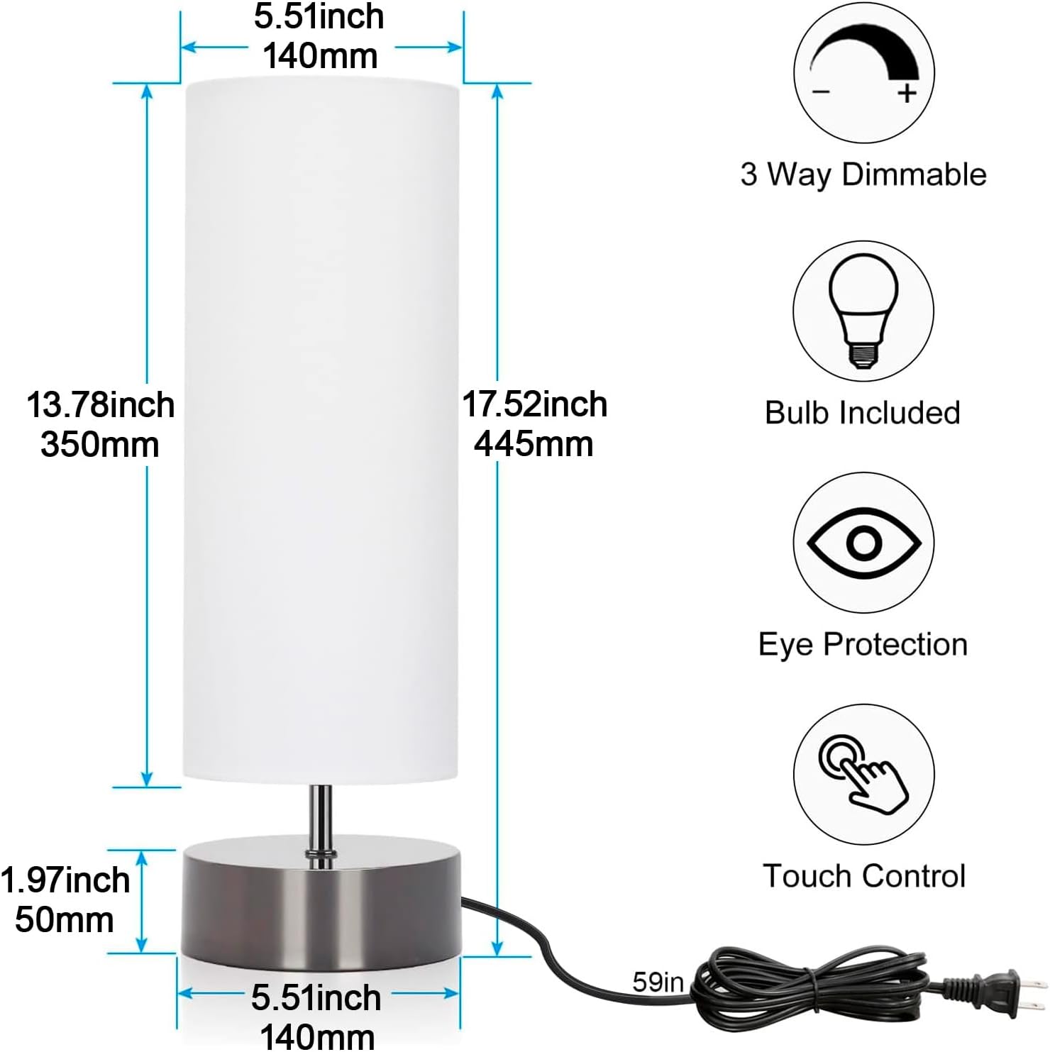 Touch Table Lamp – 3-Way Dimmable Modern Minimalist Accent Bedside Lamp with Cylinder Fabric Shade, Nightstand/Desk Lamp for Bedroom, Living Room & Kitchen, 9W LED Bulb Included