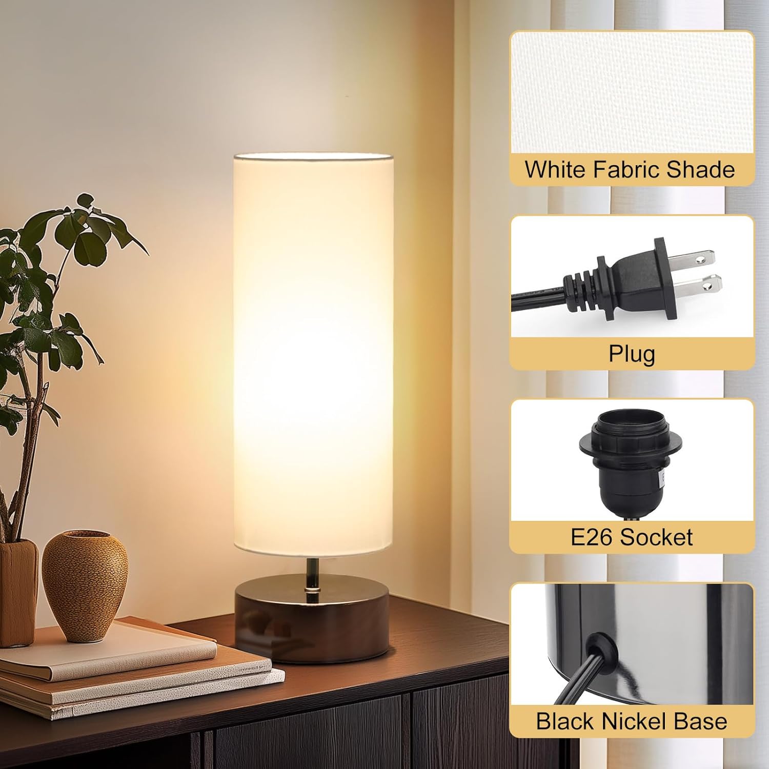 Touch Table Lamp – 3-Way Dimmable Modern Minimalist Accent Bedside Lamp with Cylinder Fabric Shade, Nightstand/Desk Lamp for Bedroom, Living Room & Kitchen, 9W LED Bulb Included