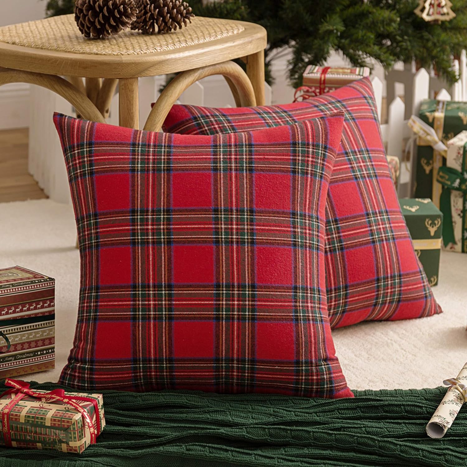 AQOTHES Pack of 2 Christmas Plaid Decorative Throw Pillow Covers – Scottish Tartan Cushion Cases for Farmhouse Home Holiday Décor, Red & Green (18 x 18 Inches)