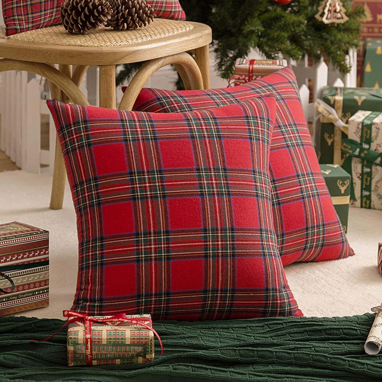 AQOTHES Pack of 2 Christmas Plaid Decorative Throw Pillow Covers – Scottish Tartan Cushion Cases for Farmhouse Home Holiday Décor, Red & Green (18 x 18 Inches)