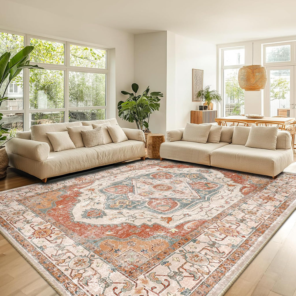 8x10 Area Rug – Vintage Machine Washable Low Pile Carpet, No-Shedding Area Rug for Living Room, Bedroom, Dining Room, Kitchen, Entryway, Hallway & Office (Brick/Pink)