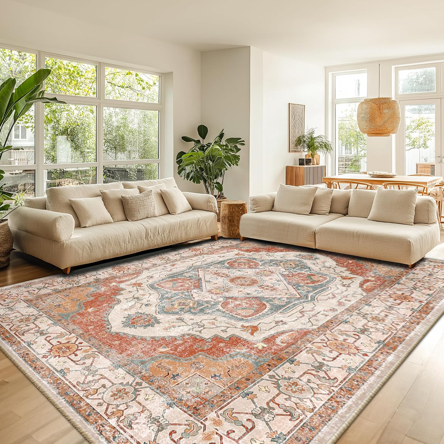 8x10 Area Rug – Vintage Machine Washable Low Pile Carpet, No-Shedding Area Rug for Living Room, Bedroom, Dining Room, Kitchen, Entryway, Hallway & Office (Brick/Pink)