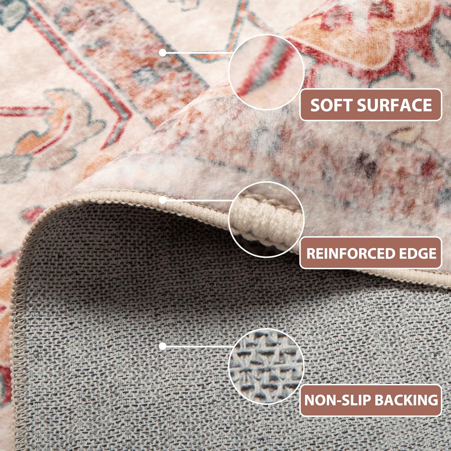 8x10 Area Rug – Vintage Machine Washable Low Pile Carpet, No-Shedding Area Rug for Living Room, Bedroom, Dining Room, Kitchen, Entryway, Hallway & Office (Brick/Pink)