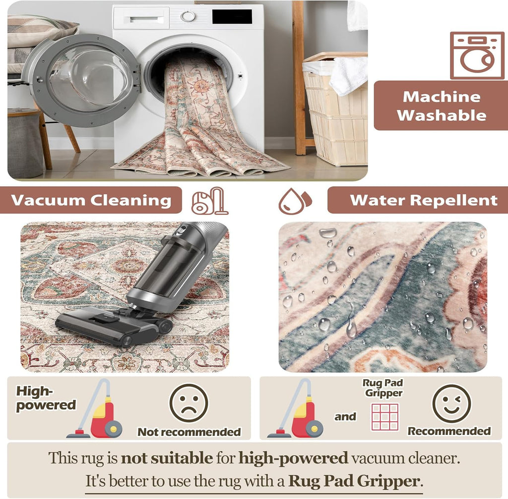 8x10 Area Rug – Vintage Machine Washable Low Pile Carpet, No-Shedding Area Rug for Living Room, Bedroom, Dining Room, Kitchen, Entryway, Hallway & Office (Brick/Pink)