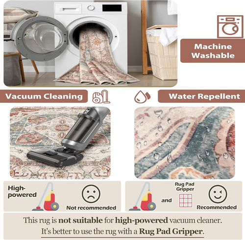 8x10 Area Rug – Vintage Machine Washable Low Pile Carpet, No-Shedding Area Rug for Living Room, Bedroom, Dining Room, Kitchen, Entryway, Hallway & Office (Brick/Pink)