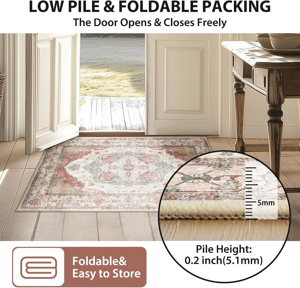 8x10 Area Rug – Vintage Machine Washable Low Pile Carpet, No-Shedding Area Rug for Living Room, Bedroom, Dining Room, Kitchen, Entryway, Hallway & Office (Brick/Pink)