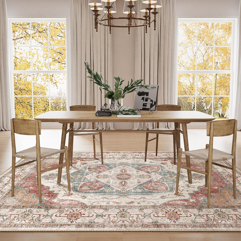 8x10 Area Rug – Vintage Machine Washable Low Pile Carpet, No-Shedding Area Rug for Living Room, Bedroom, Dining Room, Kitchen, Entryway, Hallway & Office (Brick/Pink)