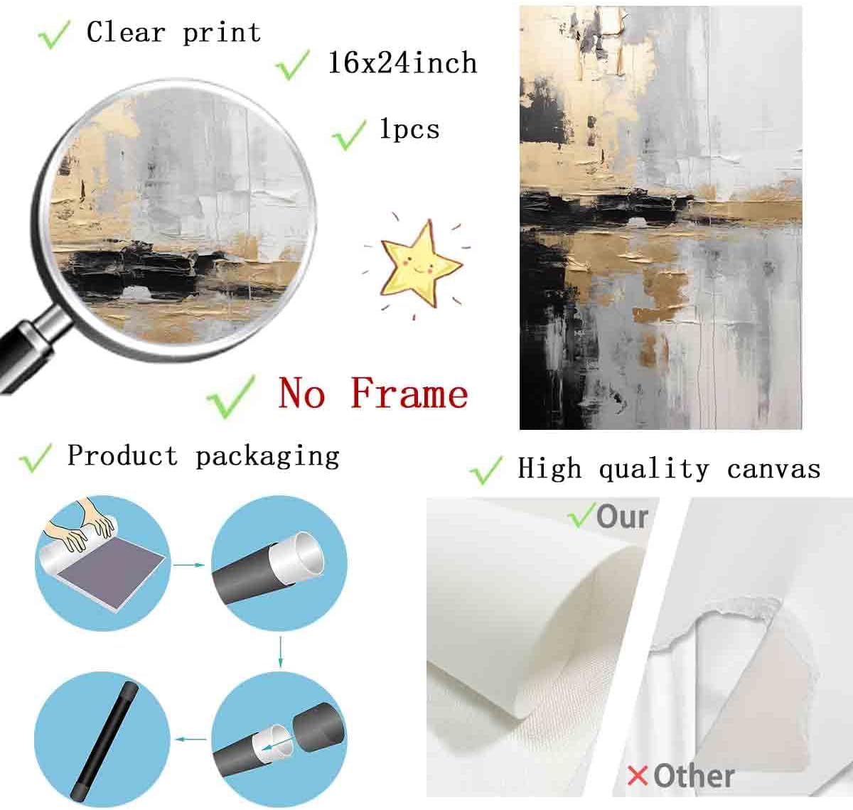 Modern Black & Gold Abstract Wall Art – 16x24 Inch, No Frame, Perfect for Living Room Décor