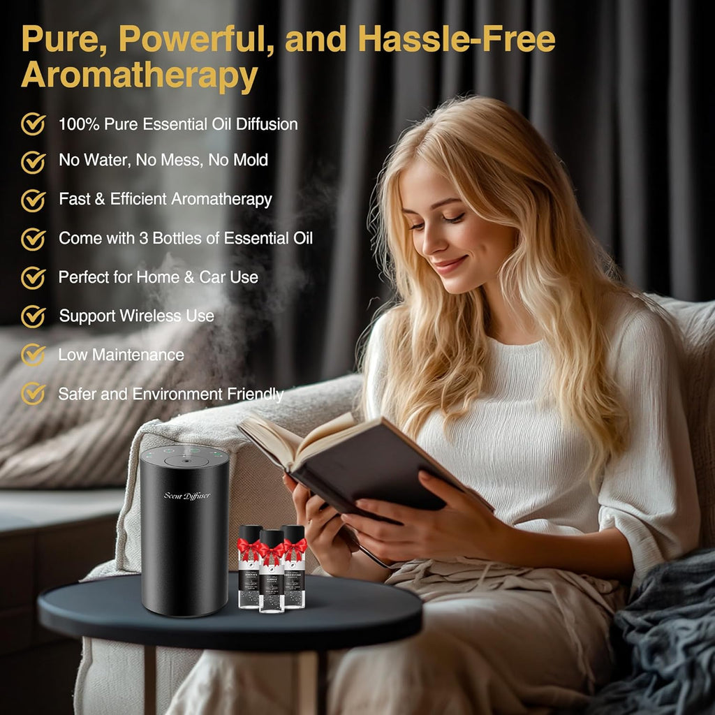 Waterless Essential Oil Diffuser Starter Kit – No Water Needed, Battery-Operated Mini Scent Air Machine with 3×20ml Essential Oils, Portable Aromatherapy Diffuser for Home, Car & Office (Black)