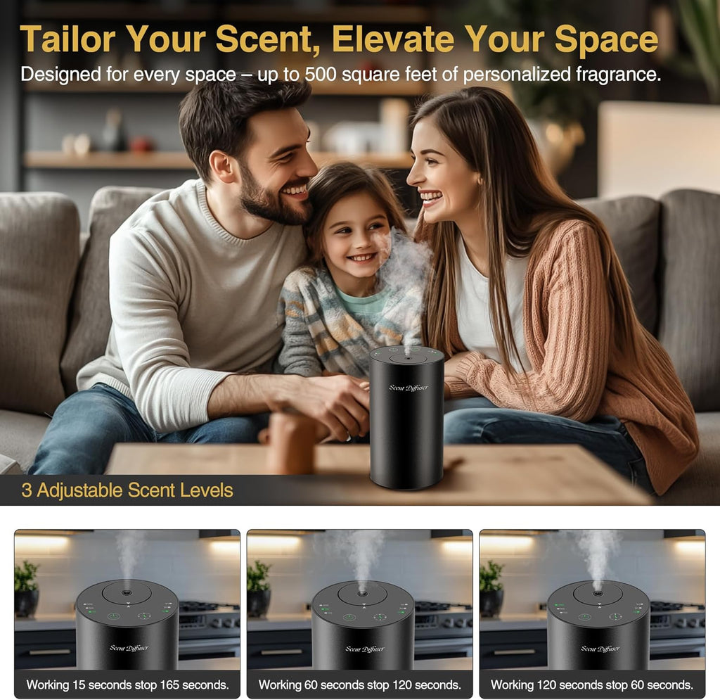 Waterless Essential Oil Diffuser Starter Kit – No Water Needed, Battery-Operated Mini Scent Air Machine with 3×20ml Essential Oils, Portable Aromatherapy Diffuser for Home, Car & Office (Black)