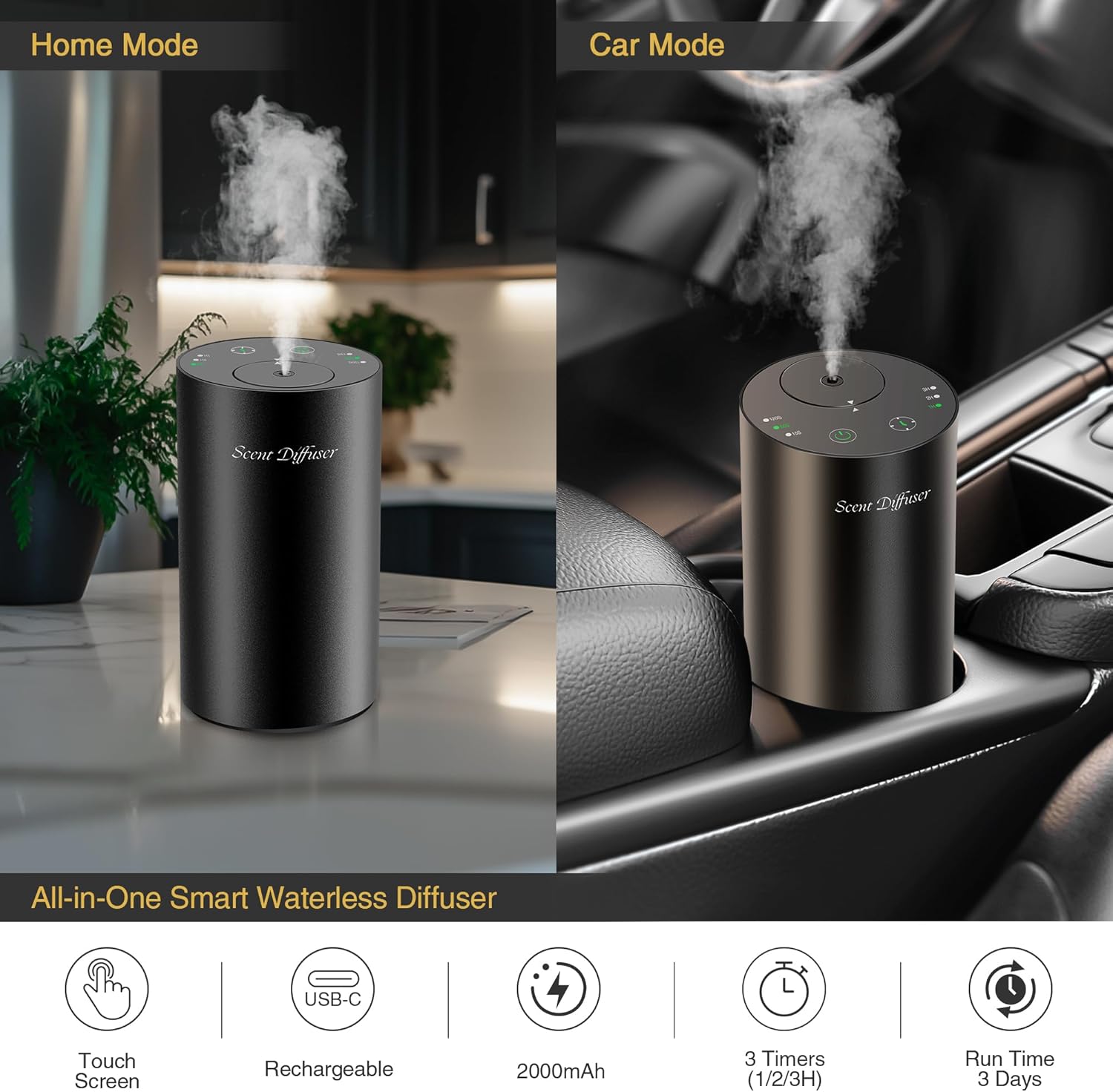 Waterless Essential Oil Diffuser Starter Kit – No Water Needed, Battery-Operated Mini Scent Air Machine with 3×20ml Essential Oils, Portable Aromatherapy Diffuser for Home, Car & Office (Black)