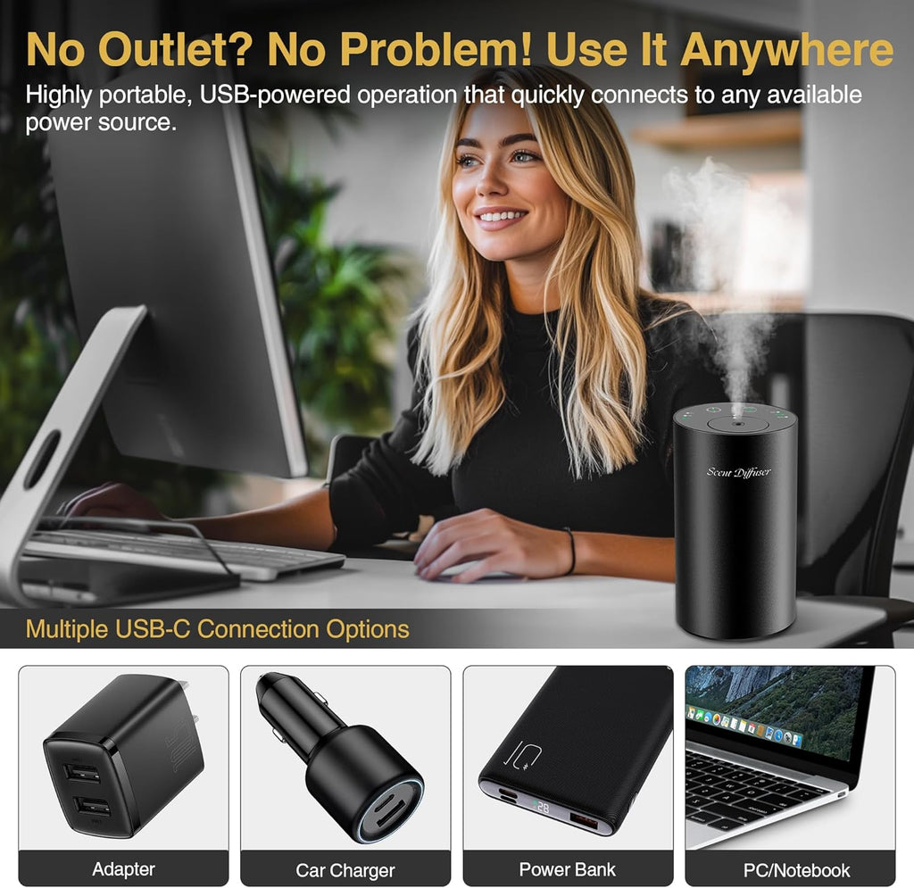 Waterless Essential Oil Diffuser Starter Kit – No Water Needed, Battery-Operated Mini Scent Air Machine with 3×20ml Essential Oils, Portable Aromatherapy Diffuser for Home, Car & Office (Black)