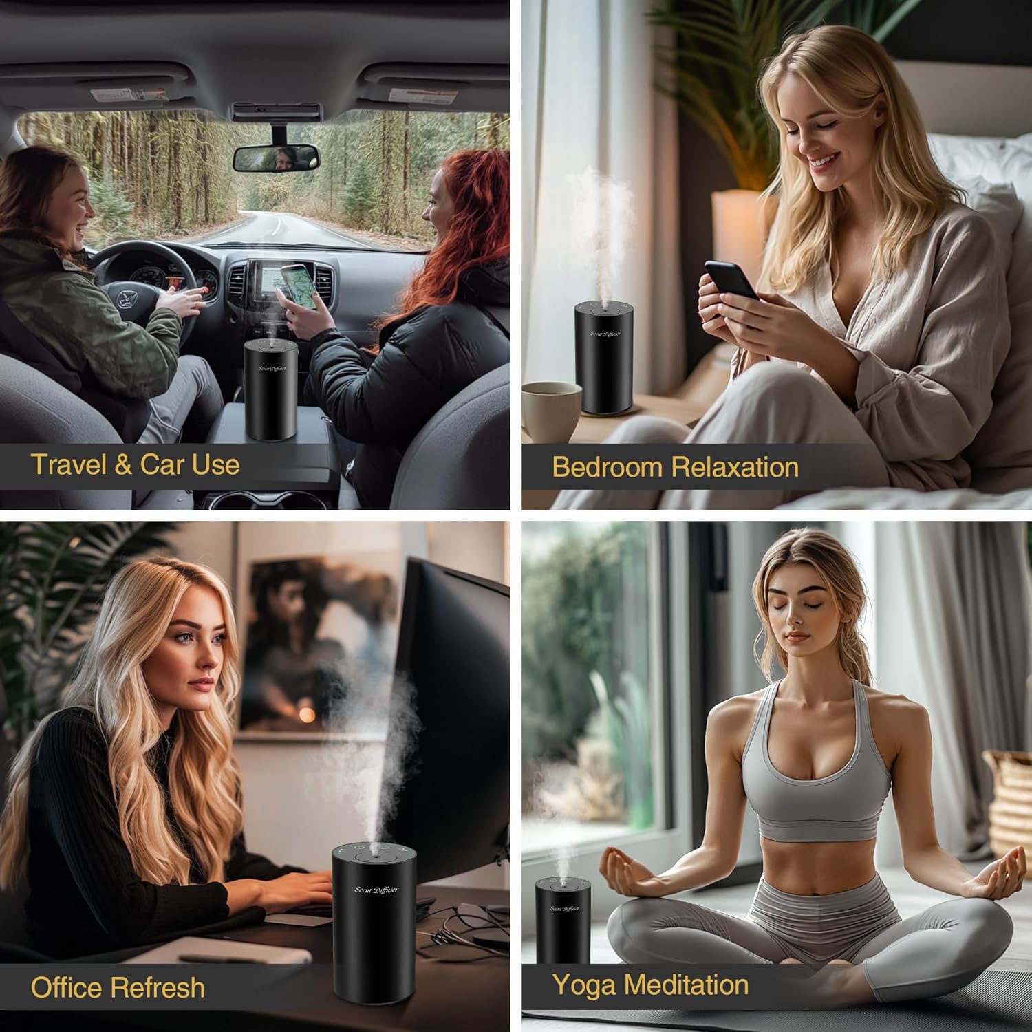 Waterless Essential Oil Diffuser Starter Kit – No Water Needed, Battery-Operated Mini Scent Air Machine with 3×20ml Essential Oils, Portable Aromatherapy Diffuser for Home, Car & Office (Black)