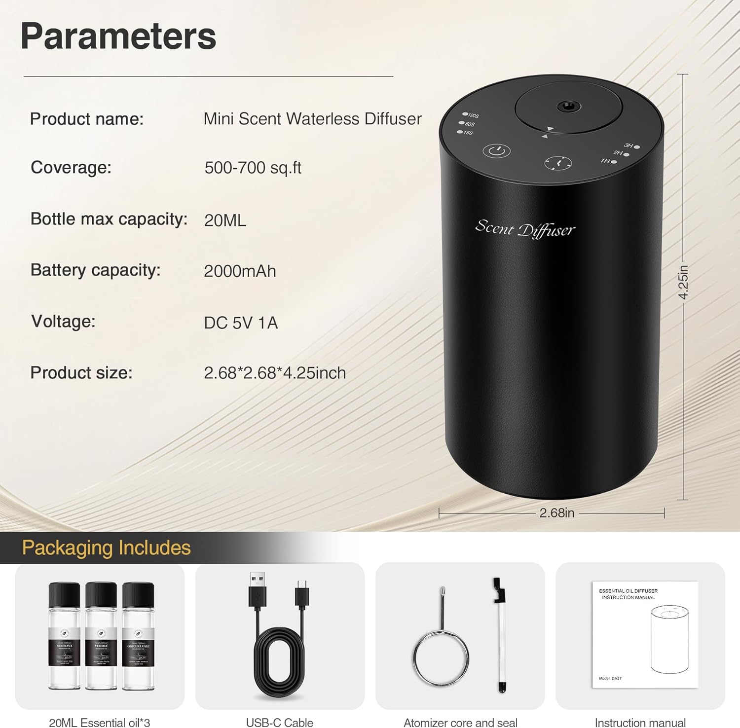 Waterless Essential Oil Diffuser Starter Kit – No Water Needed, Battery-Operated Mini Scent Air Machine with 3×20ml Essential Oils, Portable Aromatherapy Diffuser for Home, Car & Office (Black)