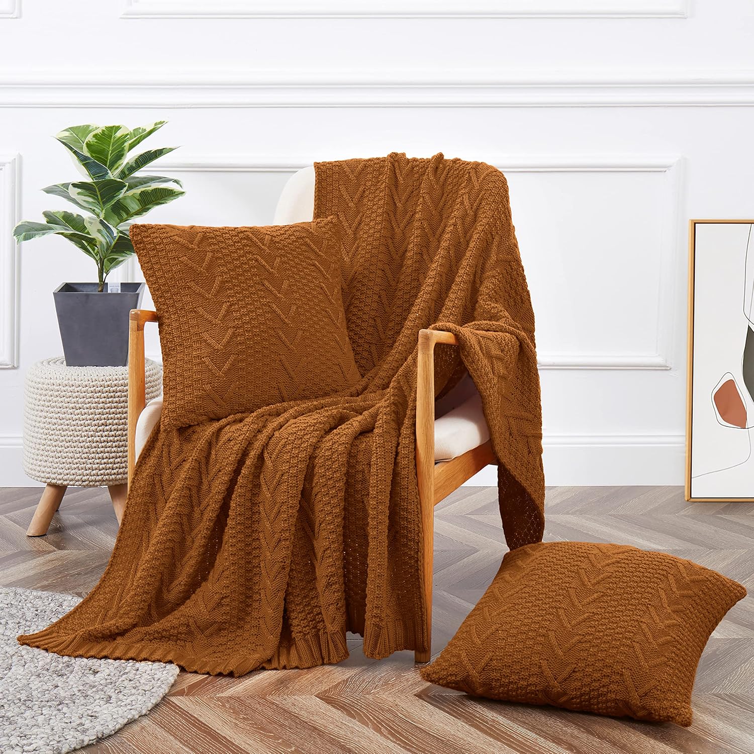 Aormenzy Knitted Throw Blanket (50" x 60") and 2 Pillow Covers (18" x 18") – 3-Piece Rust Brown Throw Blanket Set for Couch, Sofa, Bed & Living Room Décor