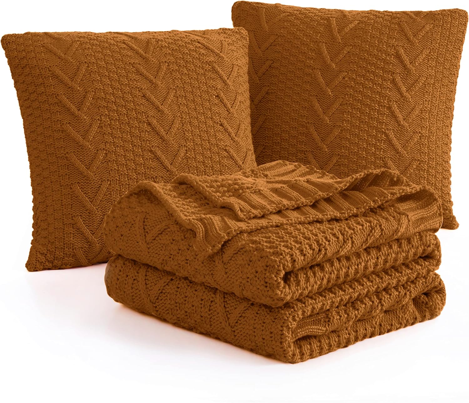 Aormenzy Knitted Throw Blanket (50" x 60") and 2 Pillow Covers (18" x 18") – 3-Piece Rust Brown Throw Blanket Set for Couch, Sofa, Bed & Living Room Décor