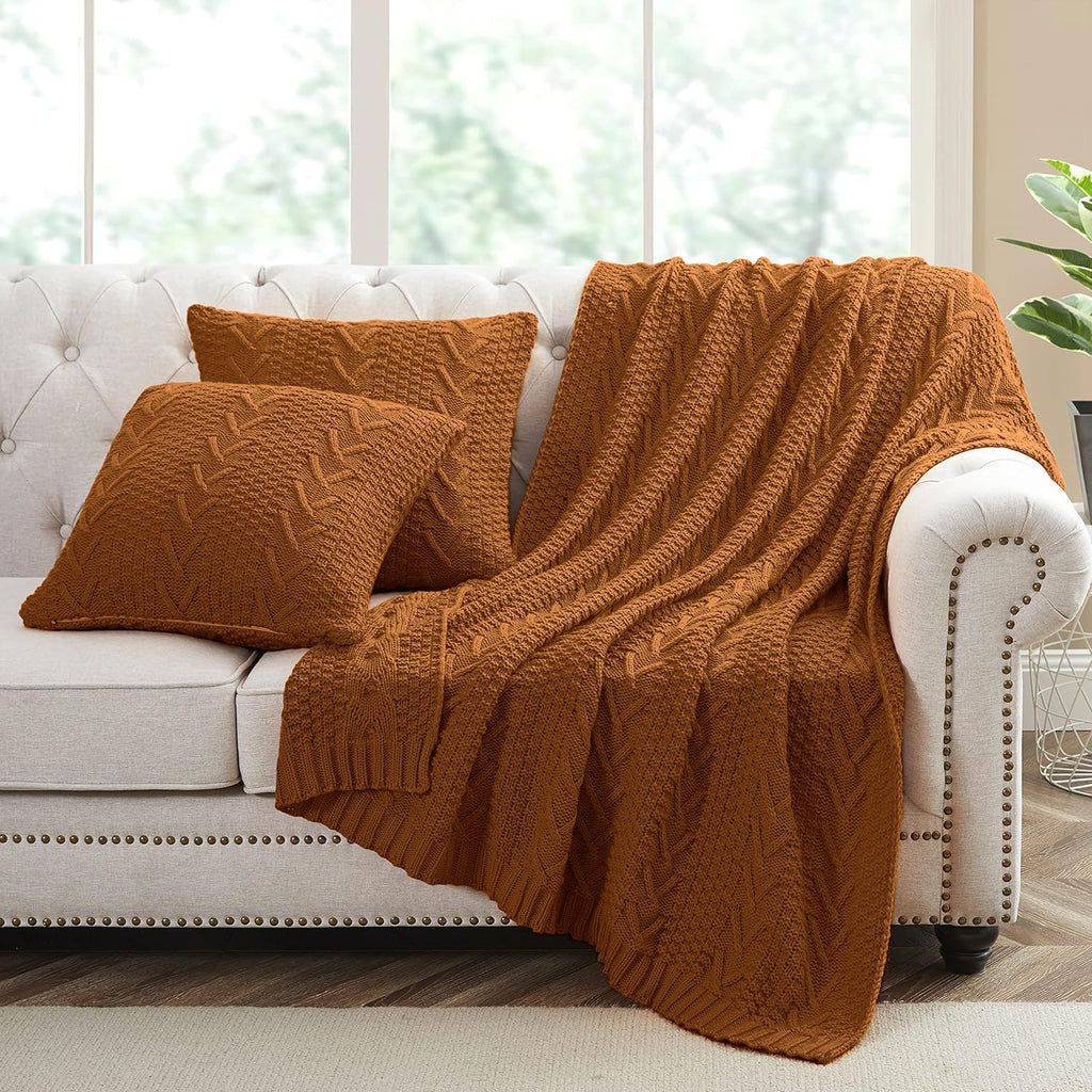 Aormenzy Knitted Throw Blanket (50" x 60") and 2 Pillow Covers (18" x 18") – 3-Piece Rust Brown Throw Blanket Set for Couch, Sofa, Bed & Living Room Décor