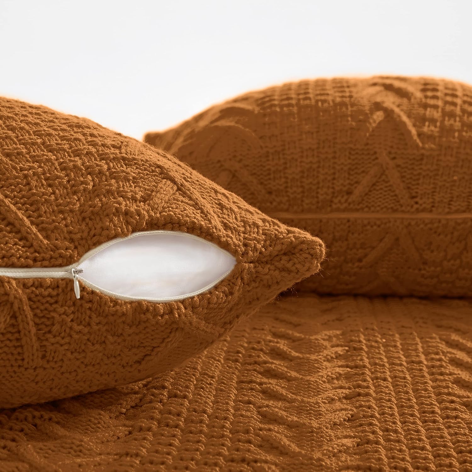 Aormenzy Knitted Throw Blanket (50" x 60") and 2 Pillow Covers (18" x 18") – 3-Piece Rust Brown Throw Blanket Set for Couch, Sofa, Bed & Living Room Décor